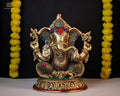  Lord Ganesh Statue Large Size Brass Ganapati Idol with Mosaic Stone Work 