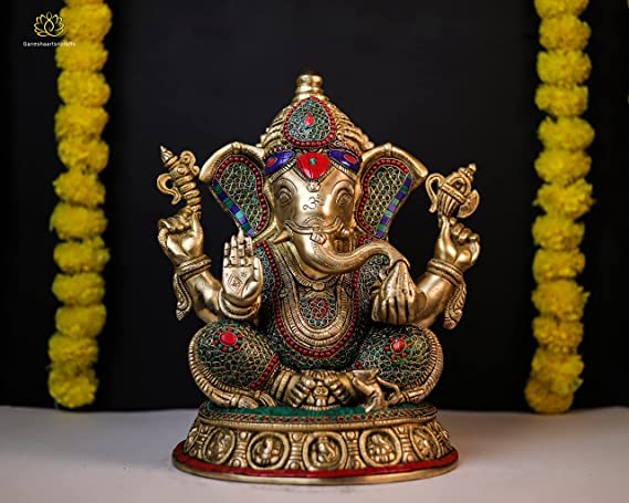  Lord Ganesh Statue Large Size Brass Ganapati Idol with Mosaic Stone Work 
