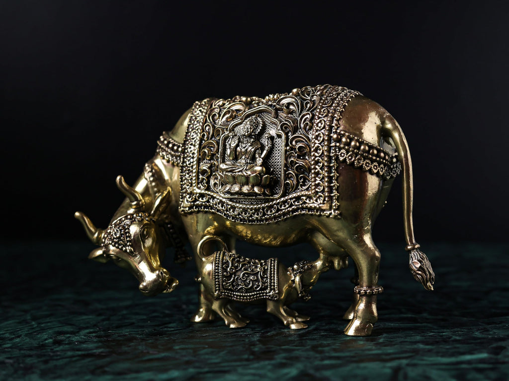 Premium Brass | Gou MATA Holy Cow Mother with Calf | Cow Decor Idol |LAXMI Ganesh Kamadhenu Idol with FINE Carving Work | 5 by 7 INCH
