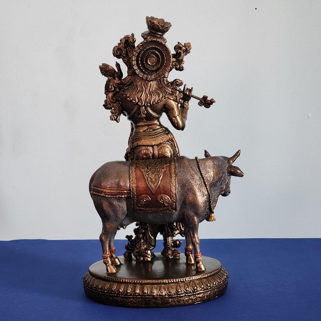 Bronze-Finished Krishna with Cow Statue