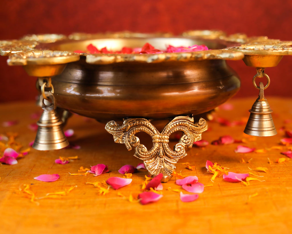 Brass Peacock Urli | Traditional Bowl with Four Diya Holder | Diwali Decorations Pot |