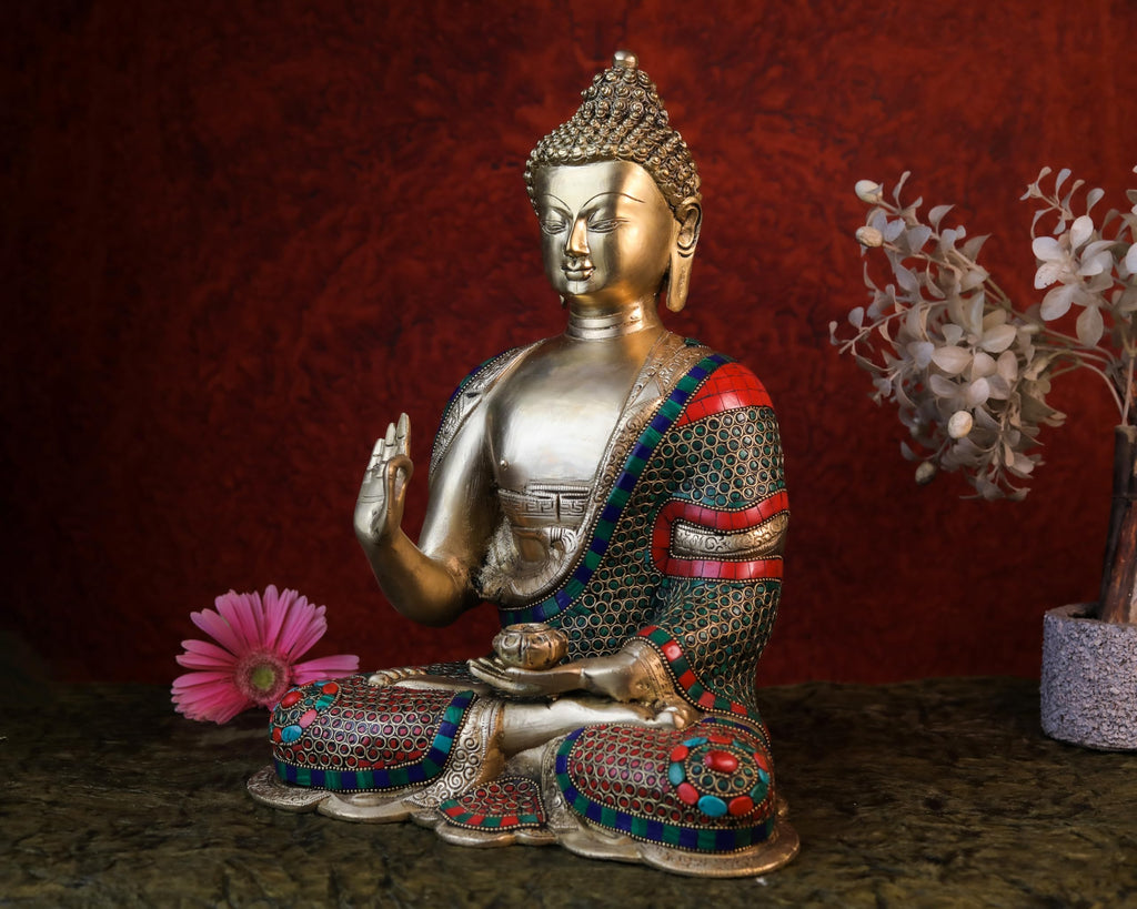 Brass Buddha Statue |14 Inch | Inlay Work | Meditation Gautam Budh Figurine | Decor Yoga Room