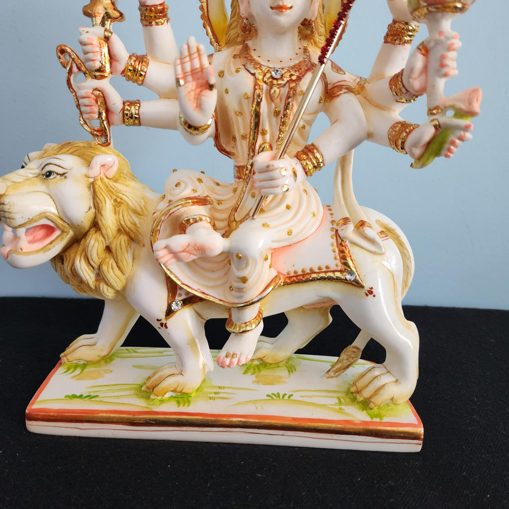 Goddess Durga Statue On Lion 9 Inch Marble Sherawali MATA Moorti