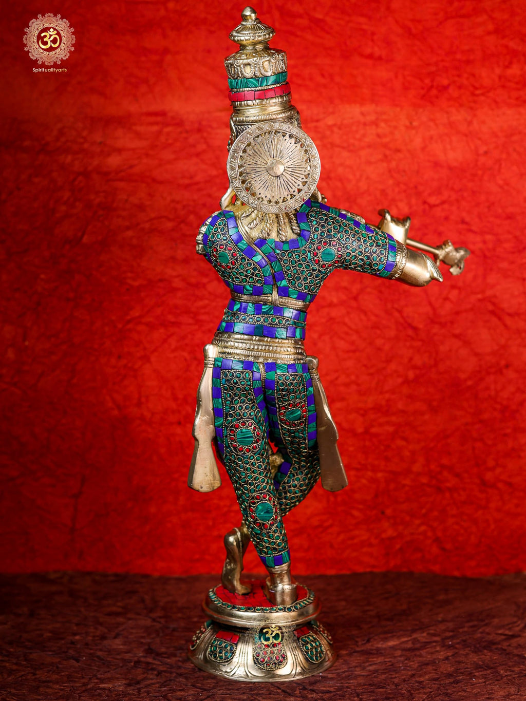 Lord Krishna Statue 60 cm Brass with Turquoise N Coral Gemstone Work