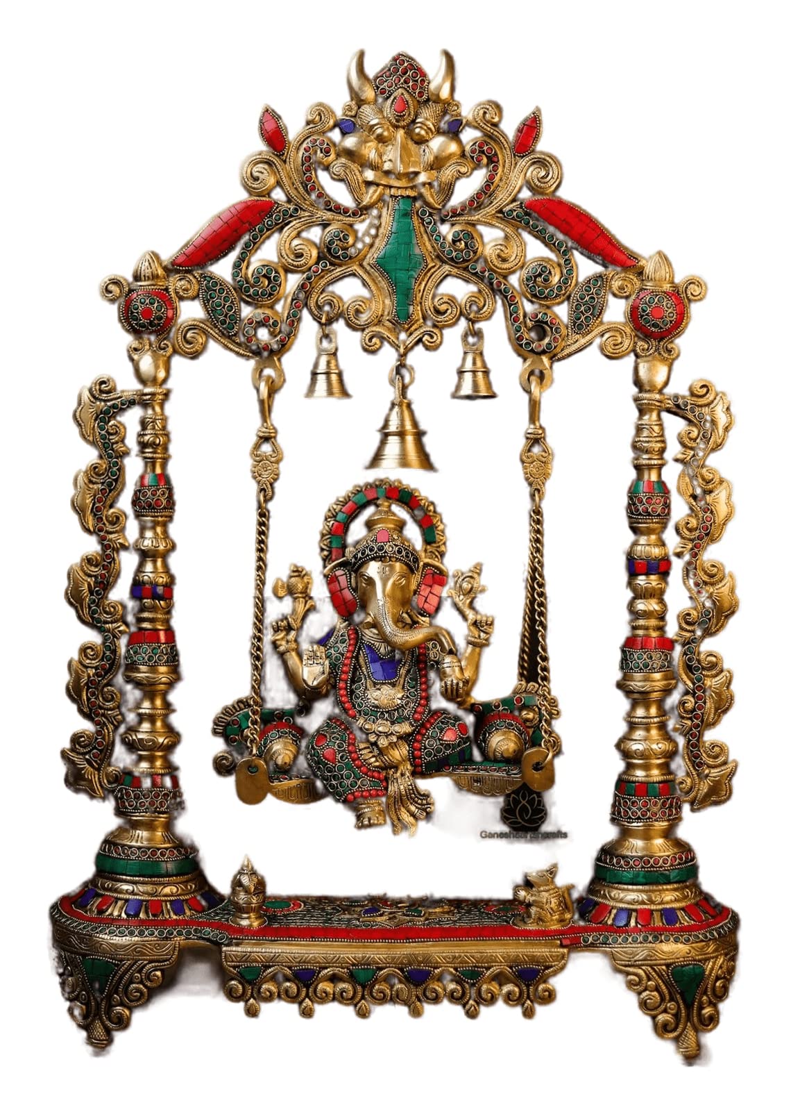 Decorative Ganesh statue on a swing with intricate gold and colored stone detailing.