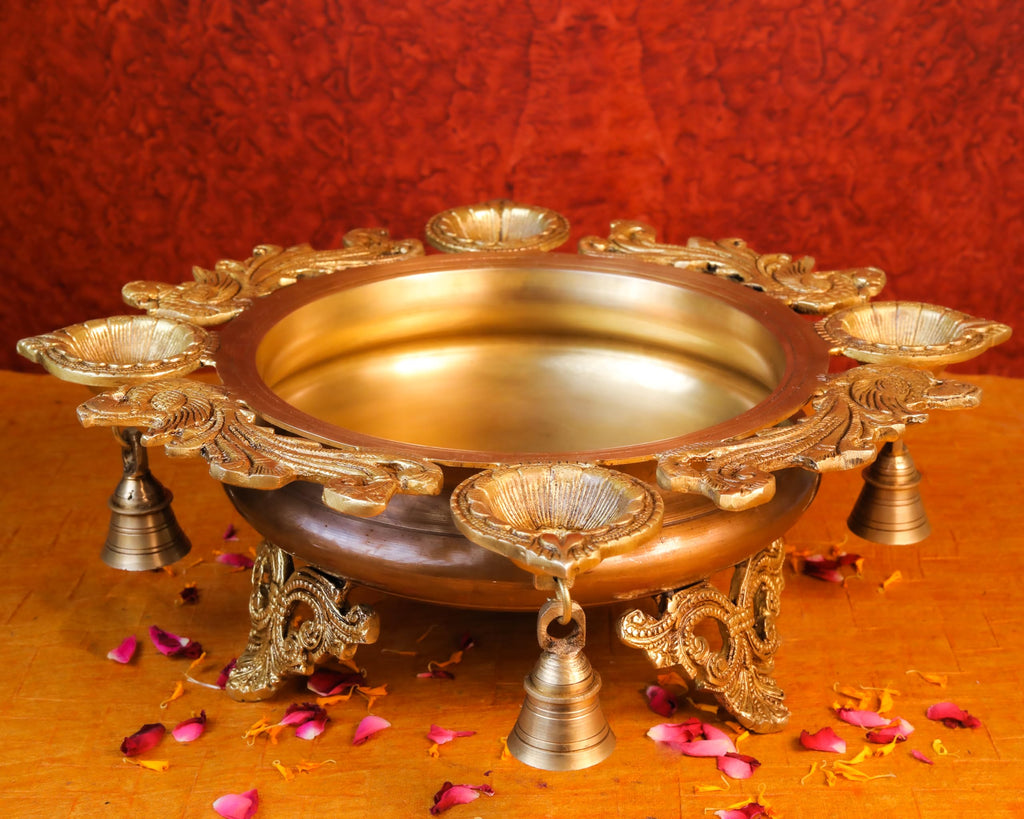 Brass Peacock Urli | Traditional Bowl with Four Diya Holder | Diwali Decorations Pot |