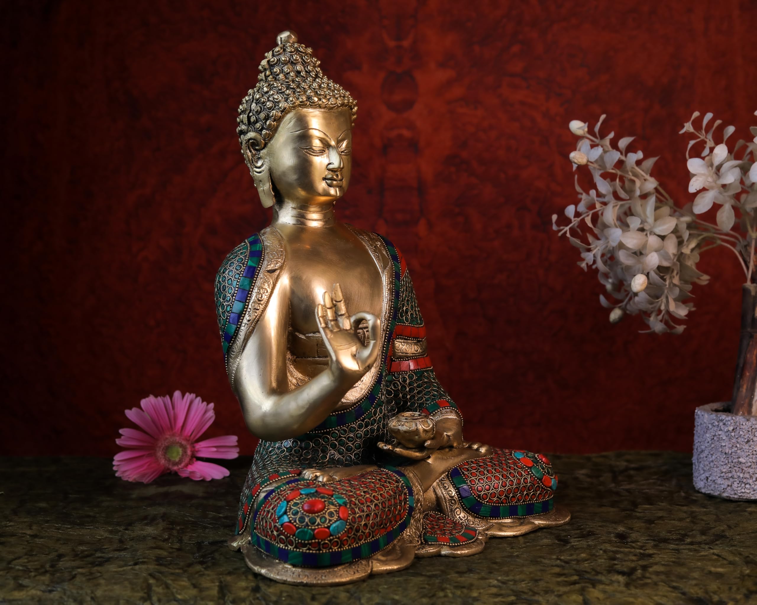 Brass Buddha Statue |14 Inch | Inlay Work | Meditation Gautam Budh Figurine | Decor Yoga Room