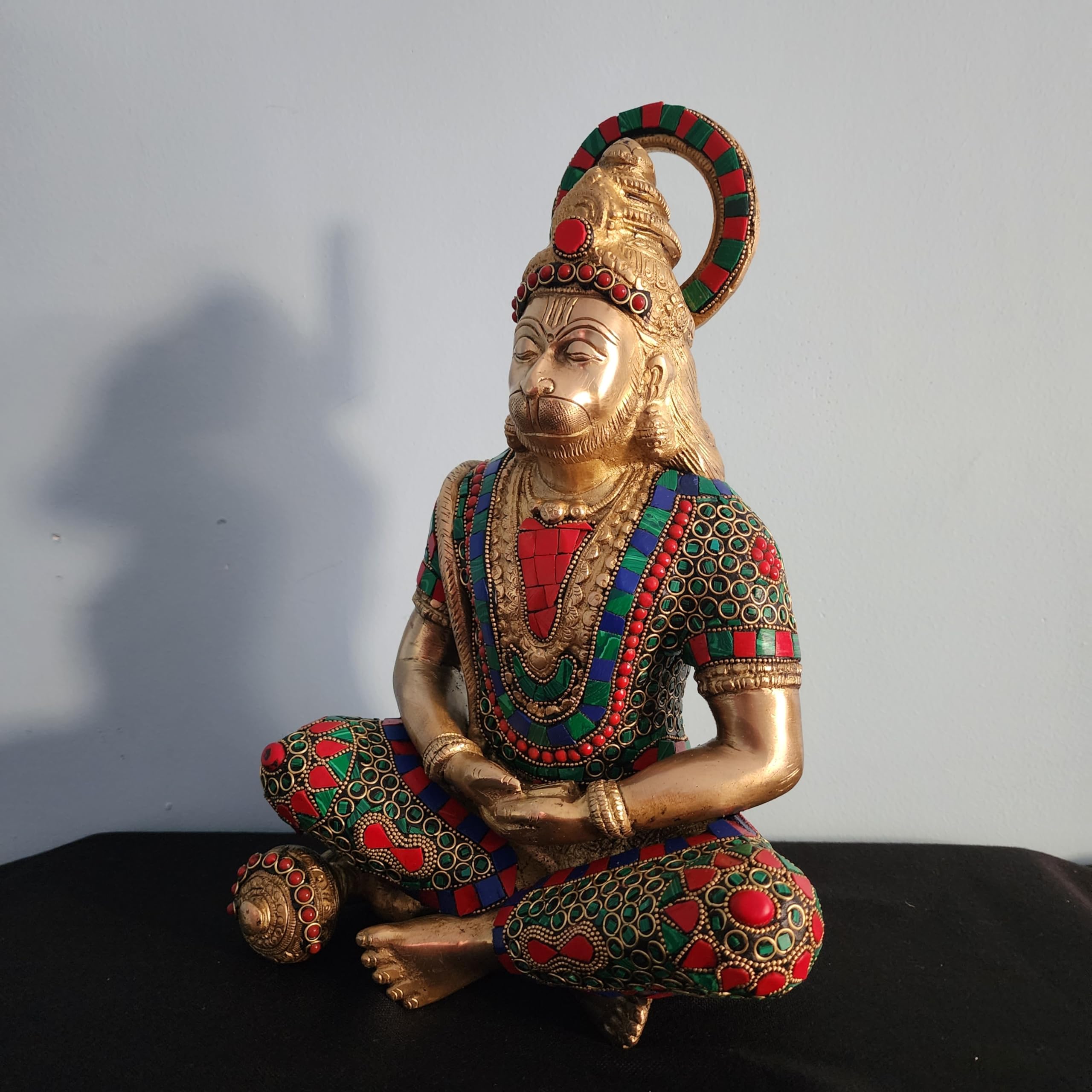 Lord Hanuam Statue 12 inch Meditation Brass Hanuman Idol with Mosaic Stone Work Devotee of Lord Ram ji
