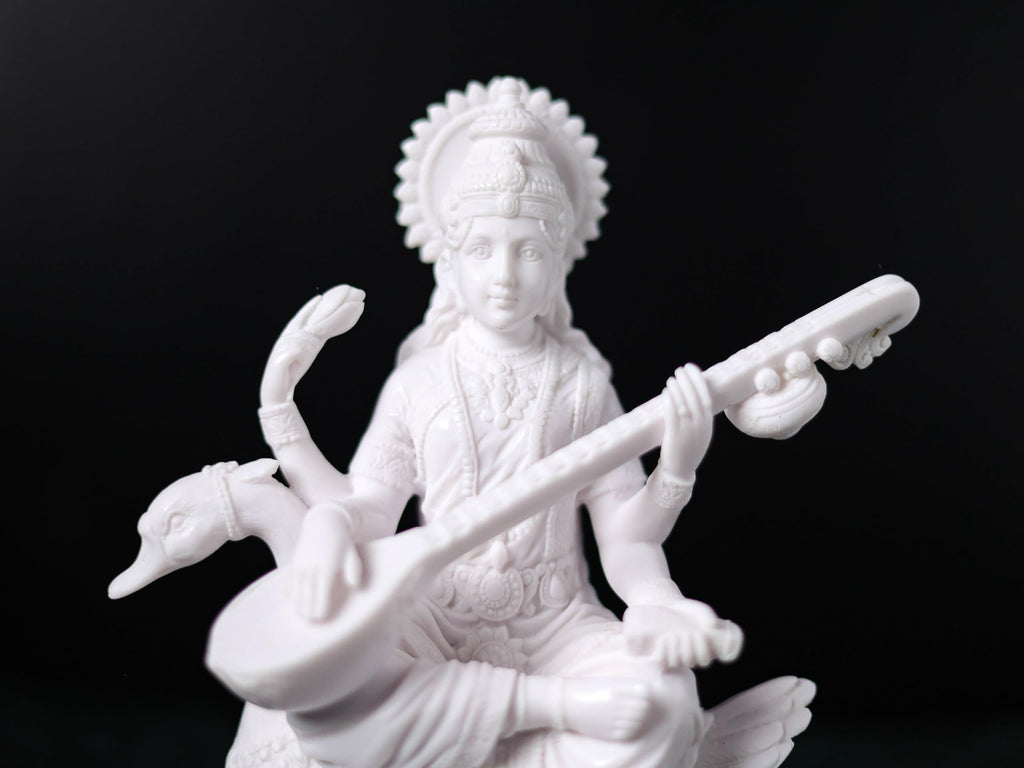 White Dust Marble Saraswati MAA Statue | Saraswati on Swan | 8 Inch | Goddess of Knowledge & Wisdom