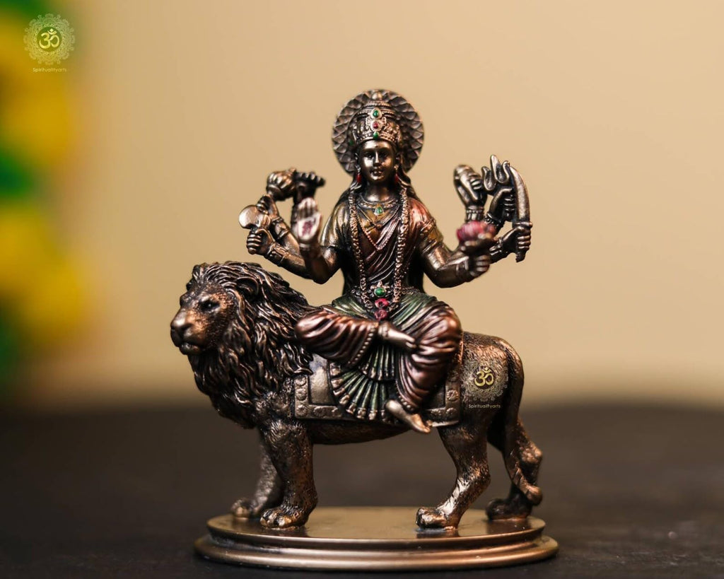 Goddess Durga Statue On Lion 3.5 Inch Bonded Bronze Resin Car Dashboard