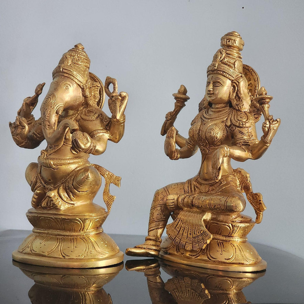 7 Inch Brass Lakshmi Ganesh Idol Medium Size