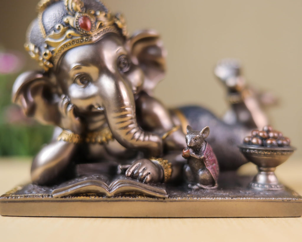 Baby Ganesh Statue | Bronze Finished Relaxing Ganesha Idol | 5 inch