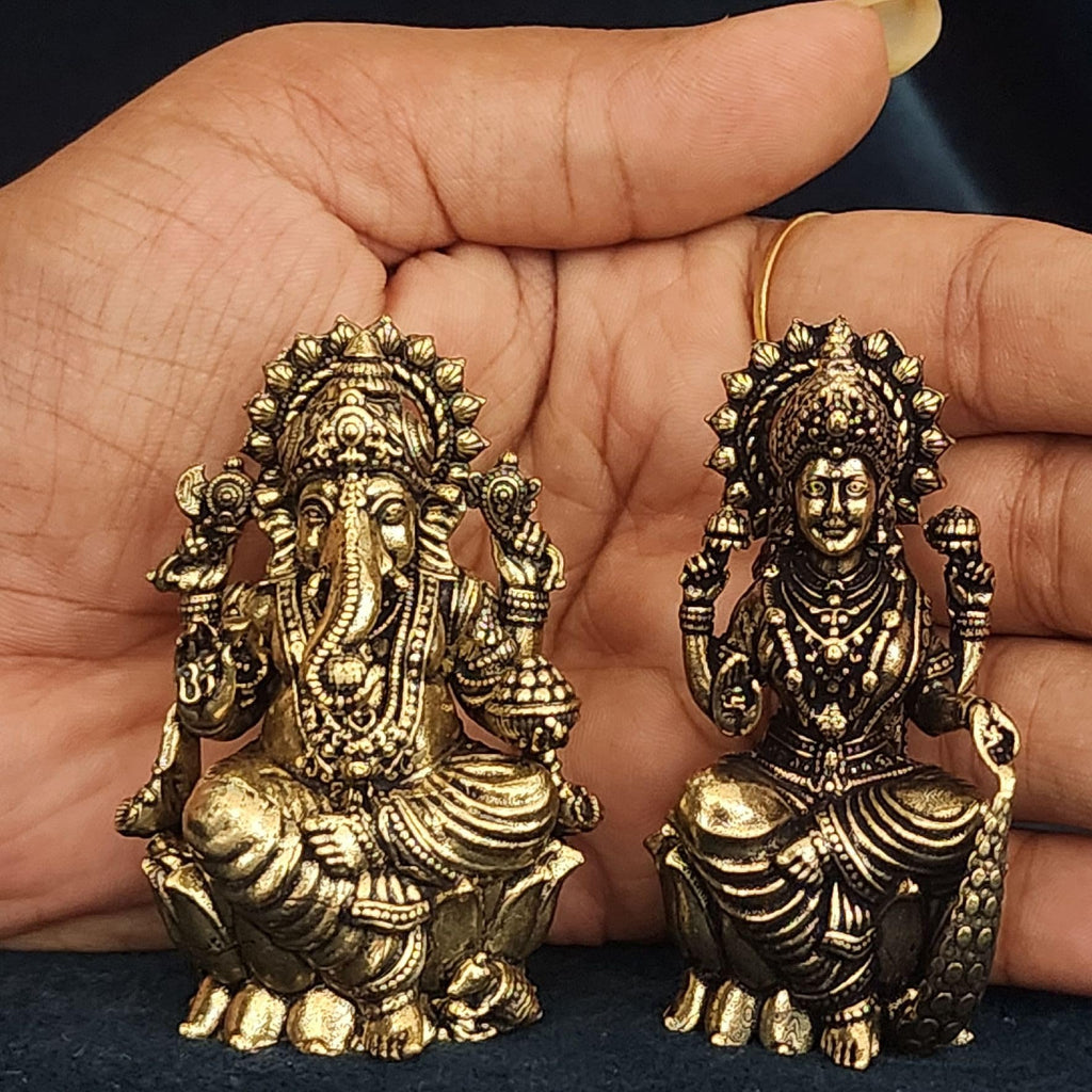 Mini Divine Lord Ganesh & MATA Laxmi Brass Idol, 2.6 Inch Perfect for Small Temple