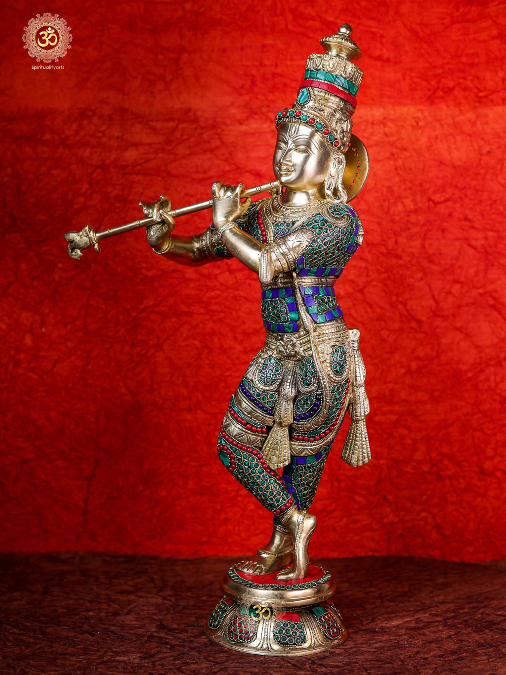 Lord Krishna Statue 60 cm Brass with Turquoise N Coral Gemstone Work