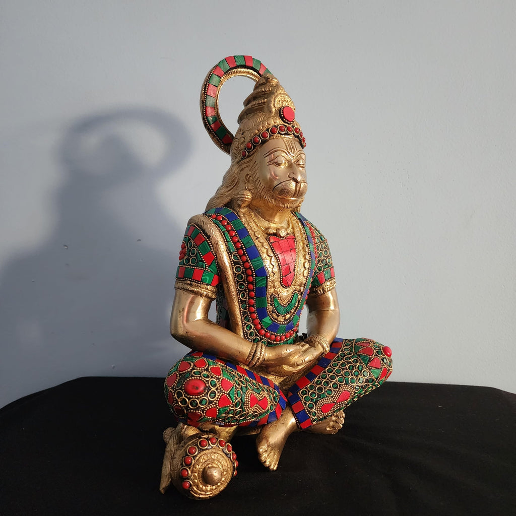 Lord Hanuam Statue 12 inch Meditation Brass Hanuman Idol with Mosaic Stone Work Devotee of Lord Ram ji
