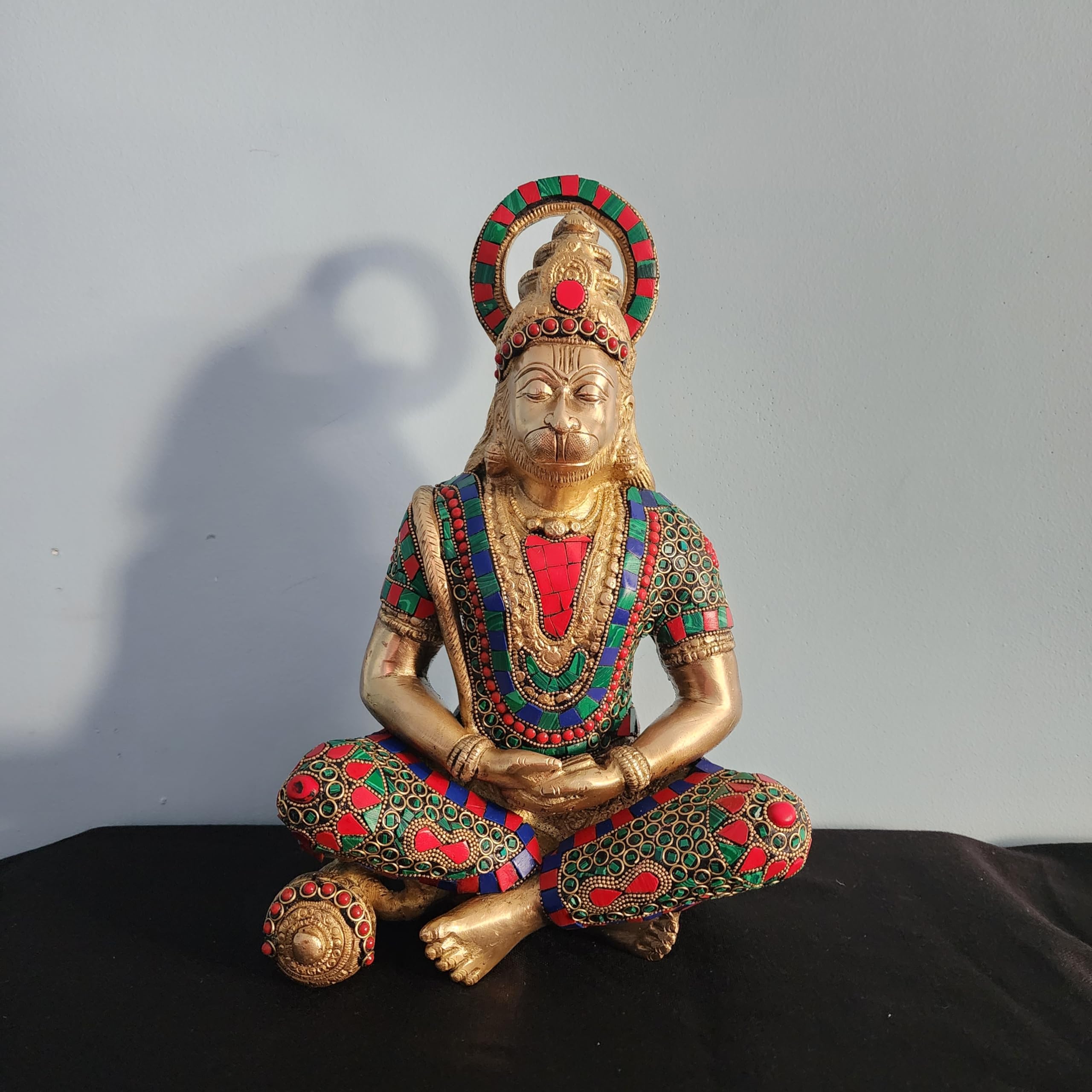 Lord Hanuam Statue 12 inch Meditation Brass Hanuman Idol with Mosaic Stone Work Devotee of Lord Ram ji