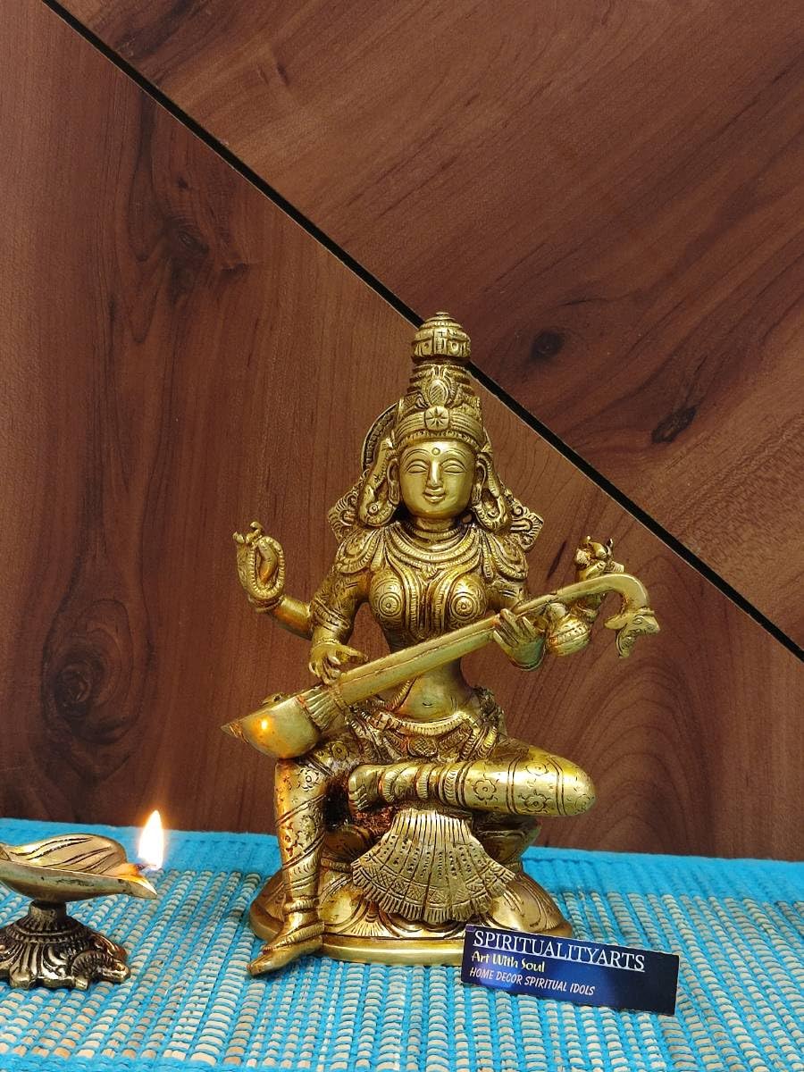 7.5 Inch | Handcrafted Brass Goddess Saraswati Idol