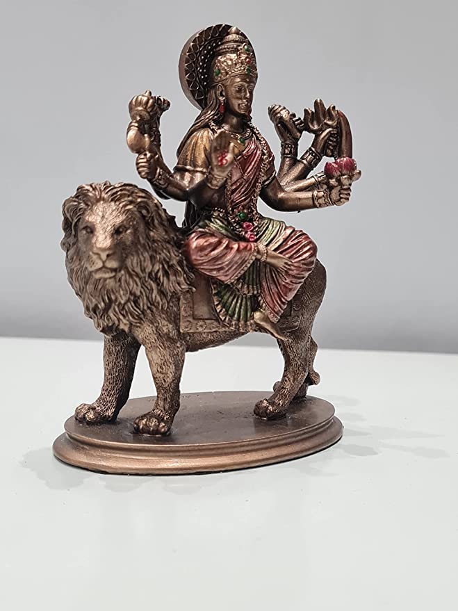 Goddess Durga Statue On Lion 3.5 Inch Bonded Bronze Resin Car Dashboard