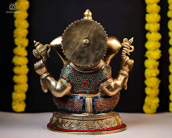 Lord Ganesh Statue Large Size Brass Ganapati Idol with Mosaic Stone Work 