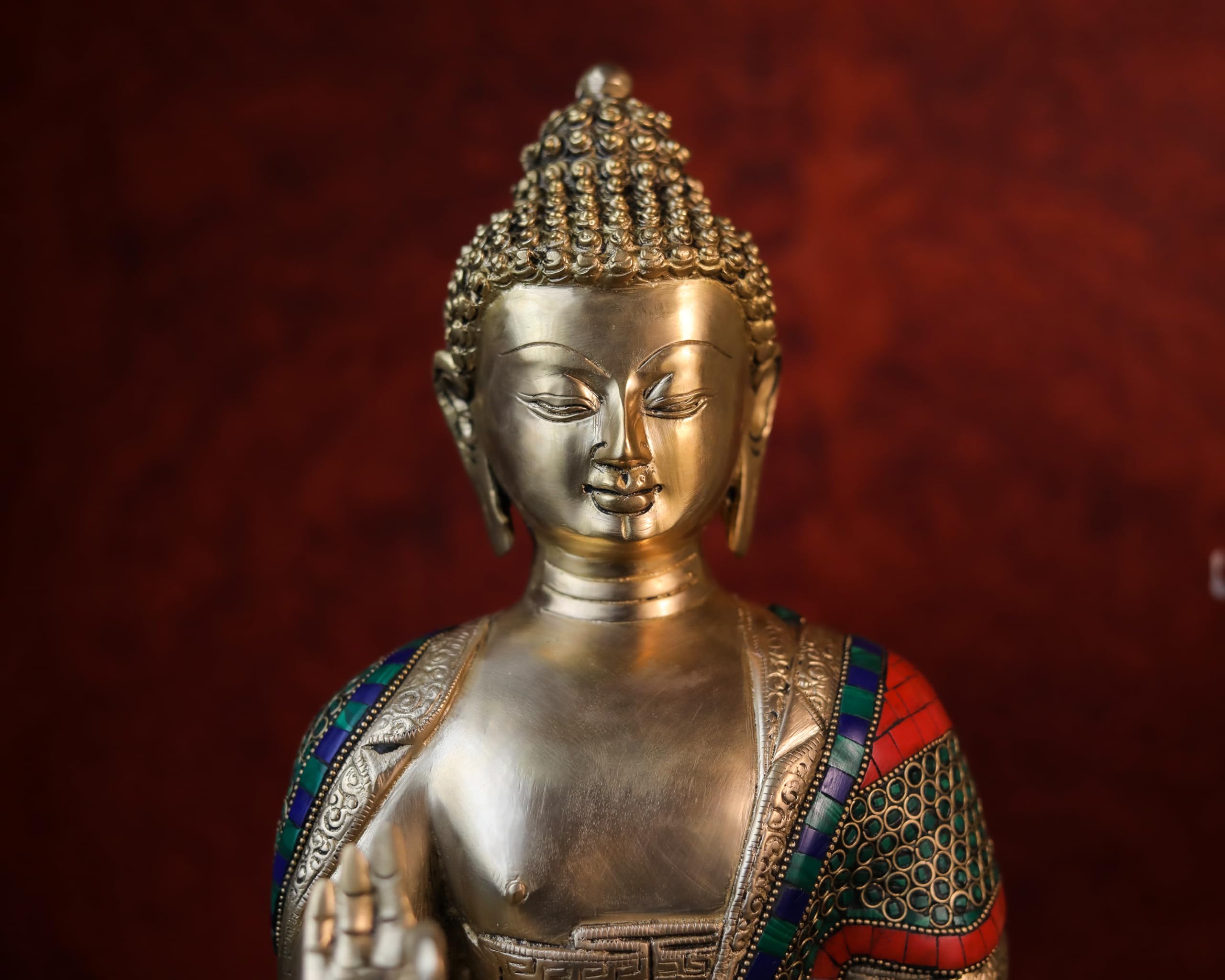 Brass Buddha Statue |14 Inch | Inlay Work | Meditation Gautam Budh Figurine | Decor Yoga Room