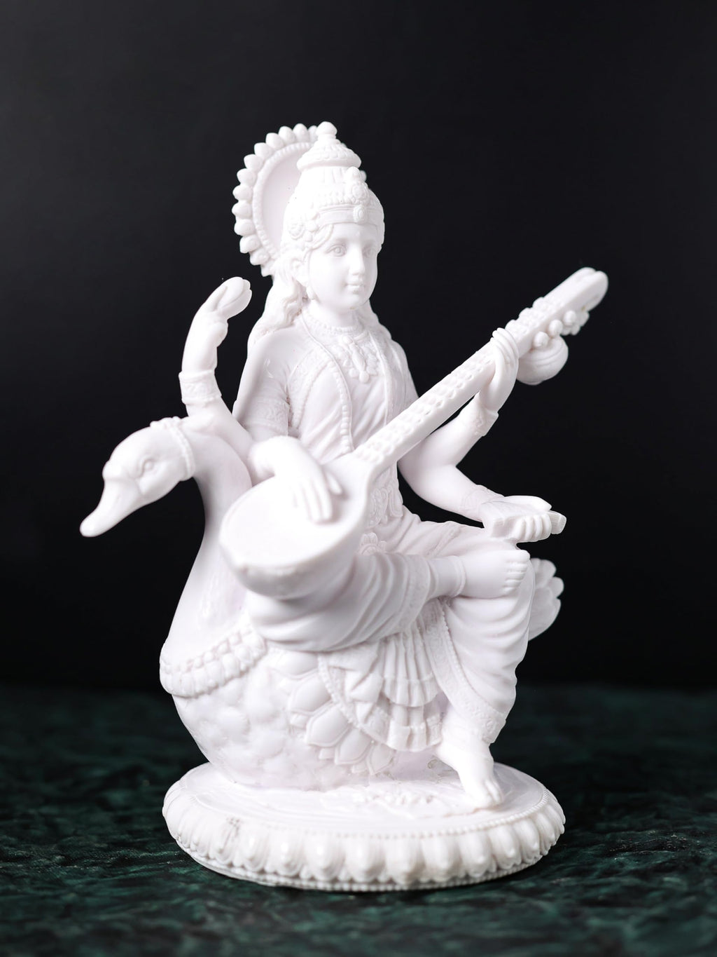 White Dust Marble Saraswati MAA Statue | Saraswati on Swan | 8 Inch | Goddess of Knowledge & Wisdom