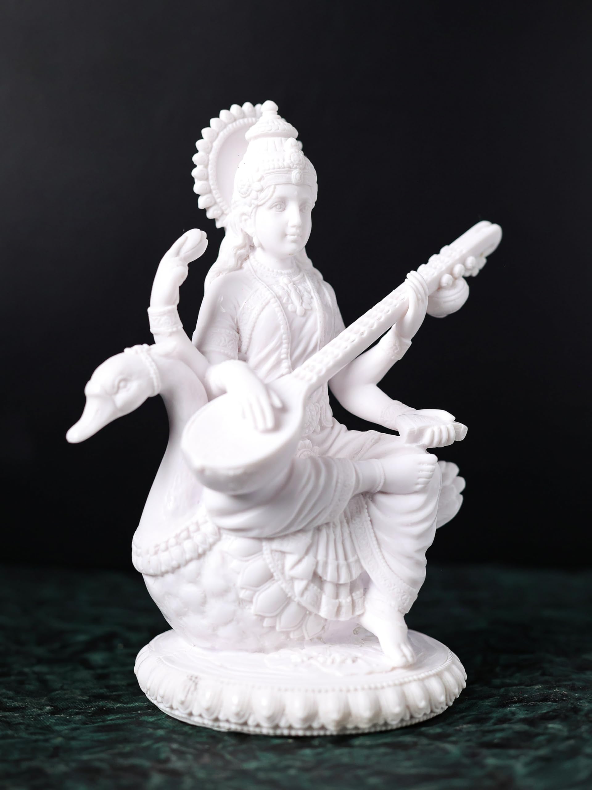 White Dust Marble Saraswati MAA Statue | Saraswati on Swan | 8 Inch | Goddess of Knowledge & Wisdom