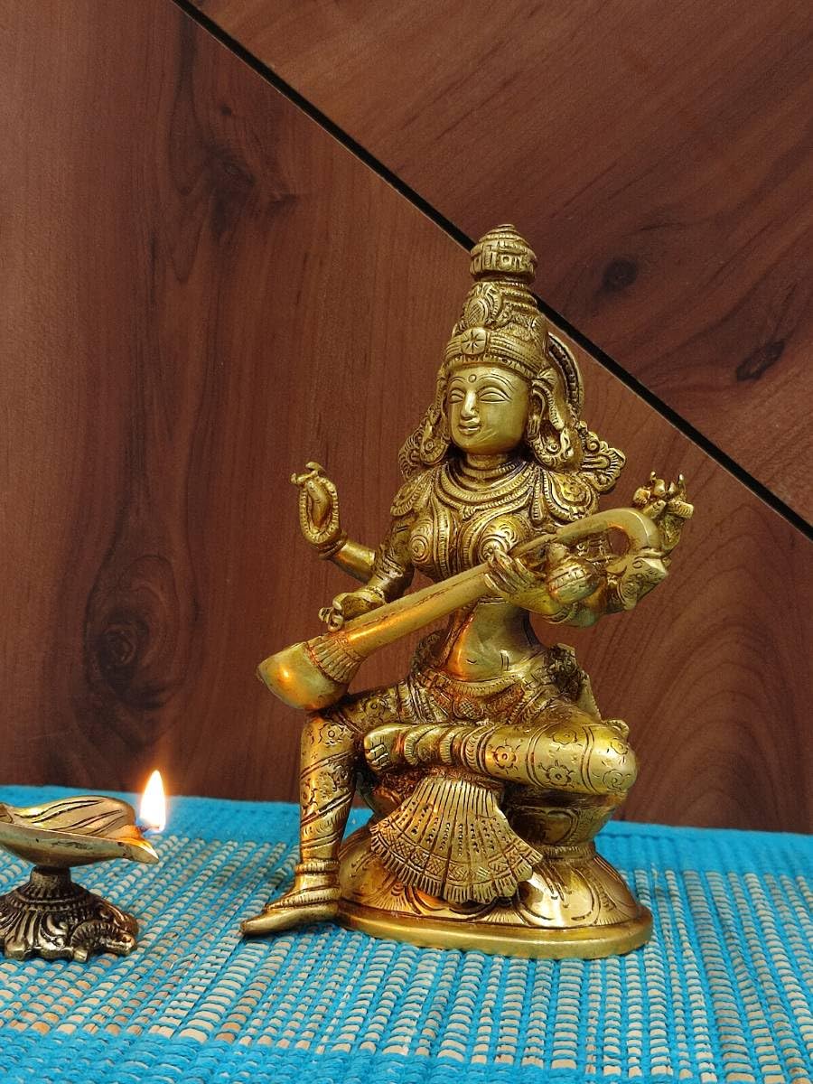7.5 Inch | Handcrafted Brass Goddess Saraswati Idol