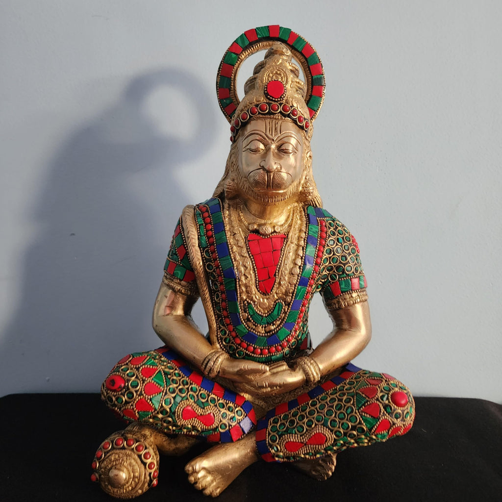 Lord Hanuam Statue 12 inch Meditation Brass Hanuman Idol with Mosaic Stone Work Devotee of Lord Ram ji