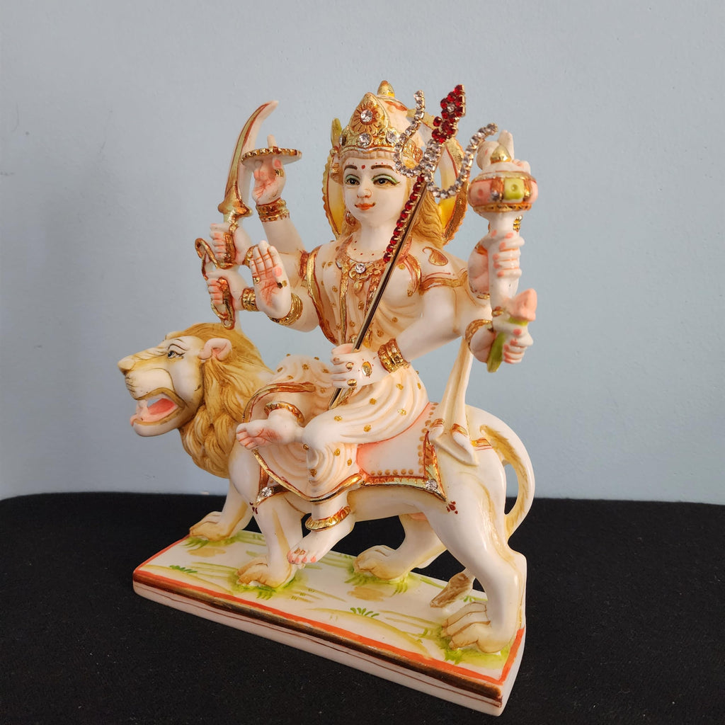 Goddess Durga Statue On Lion 9 Inch Marble Sherawali MATA Moorti