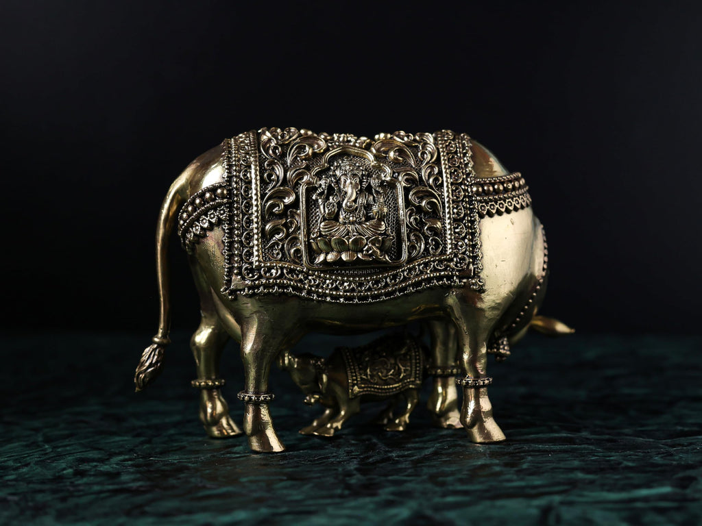 Premium Brass | Gou MATA Holy Cow Mother with Calf | Cow Decor Idol |LAXMI Ganesh Kamadhenu Idol with FINE Carving Work | 5 by 7 INCH