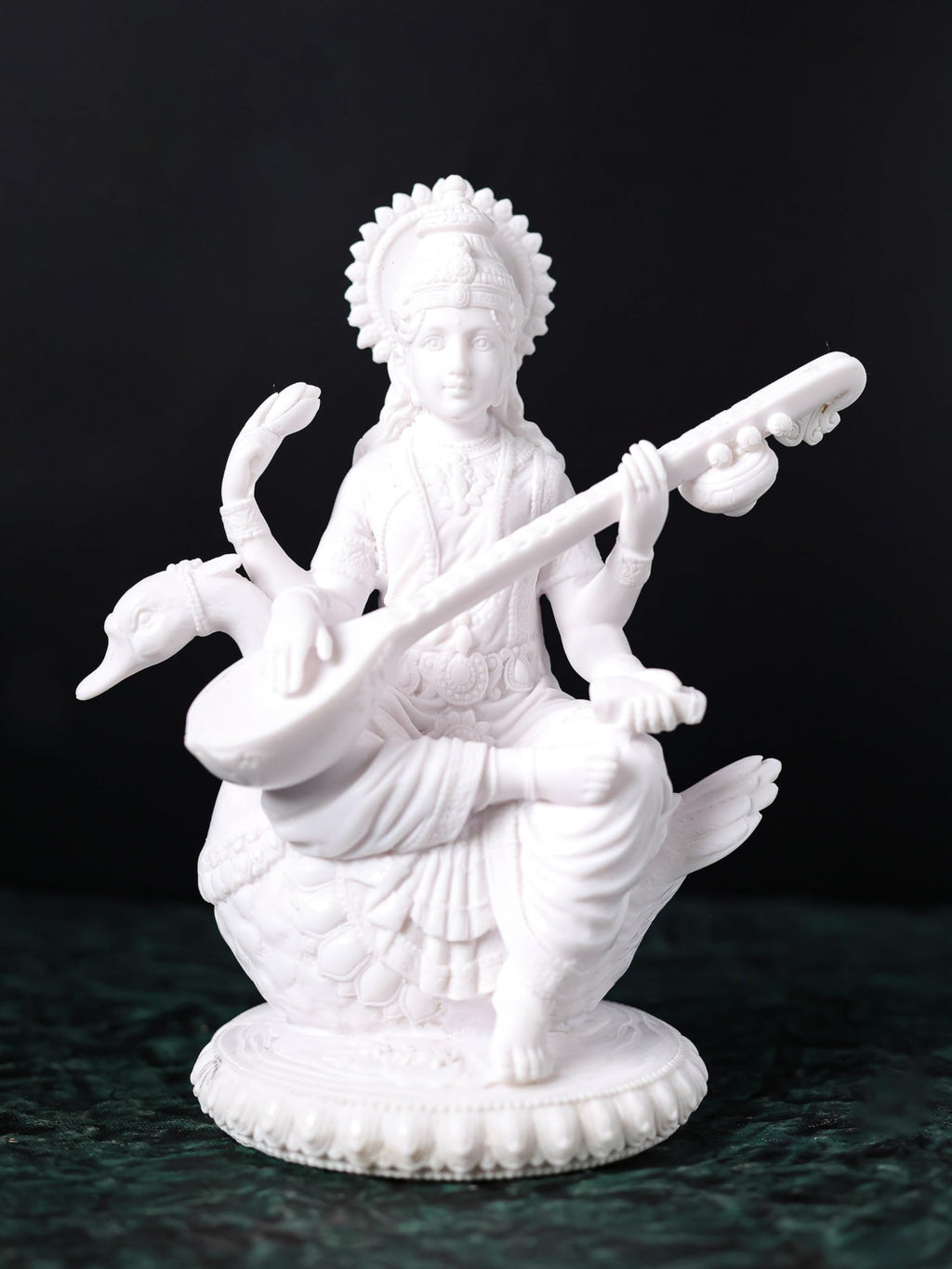 White Dust Marble Saraswati MAA Statue | Saraswati on Swan | 8 Inch | Goddess of Knowledge & Wisdom