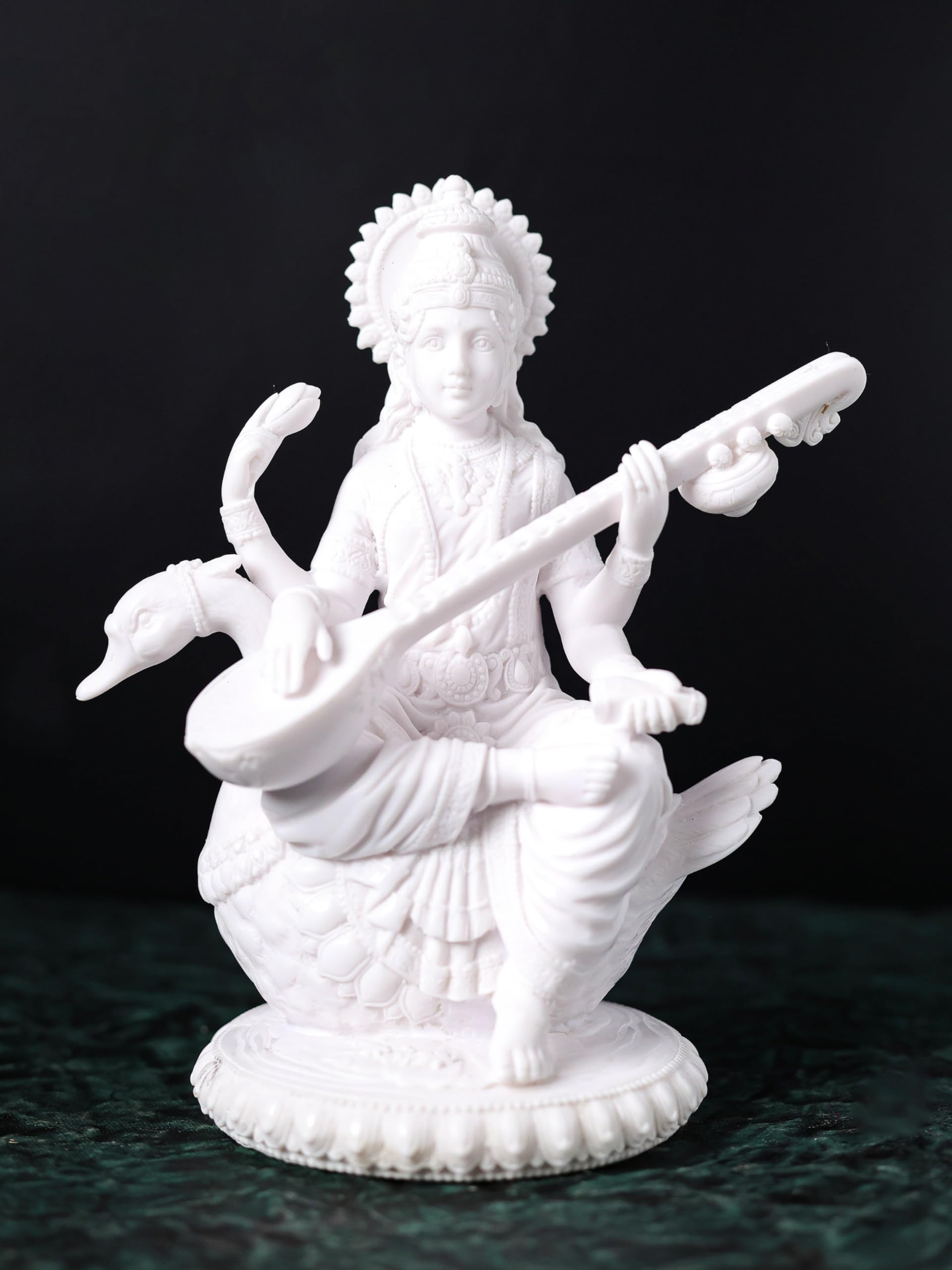 White Dust Marble Saraswati MAA Statue | Saraswati on Swan | 8 Inch | Goddess of Knowledge & Wisdom