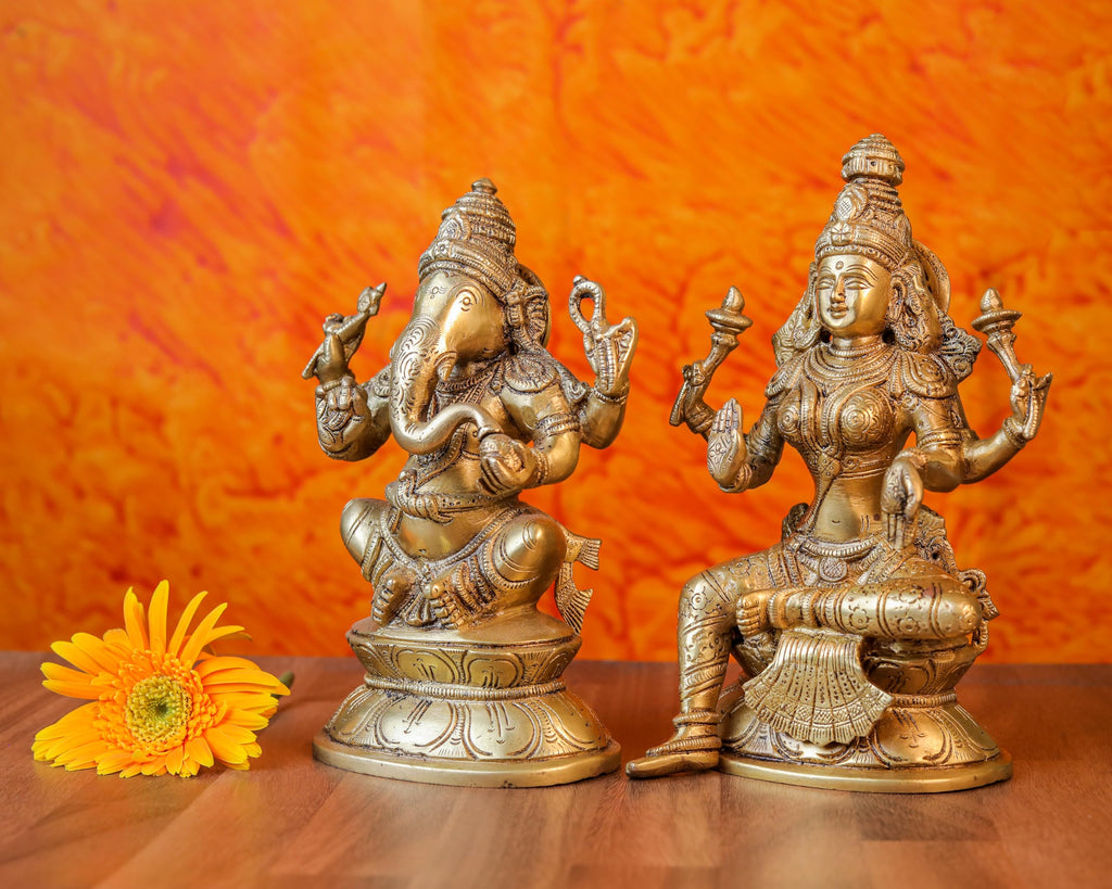 7 Inch Brass Lakshmi Ganesh Idol Medium Size