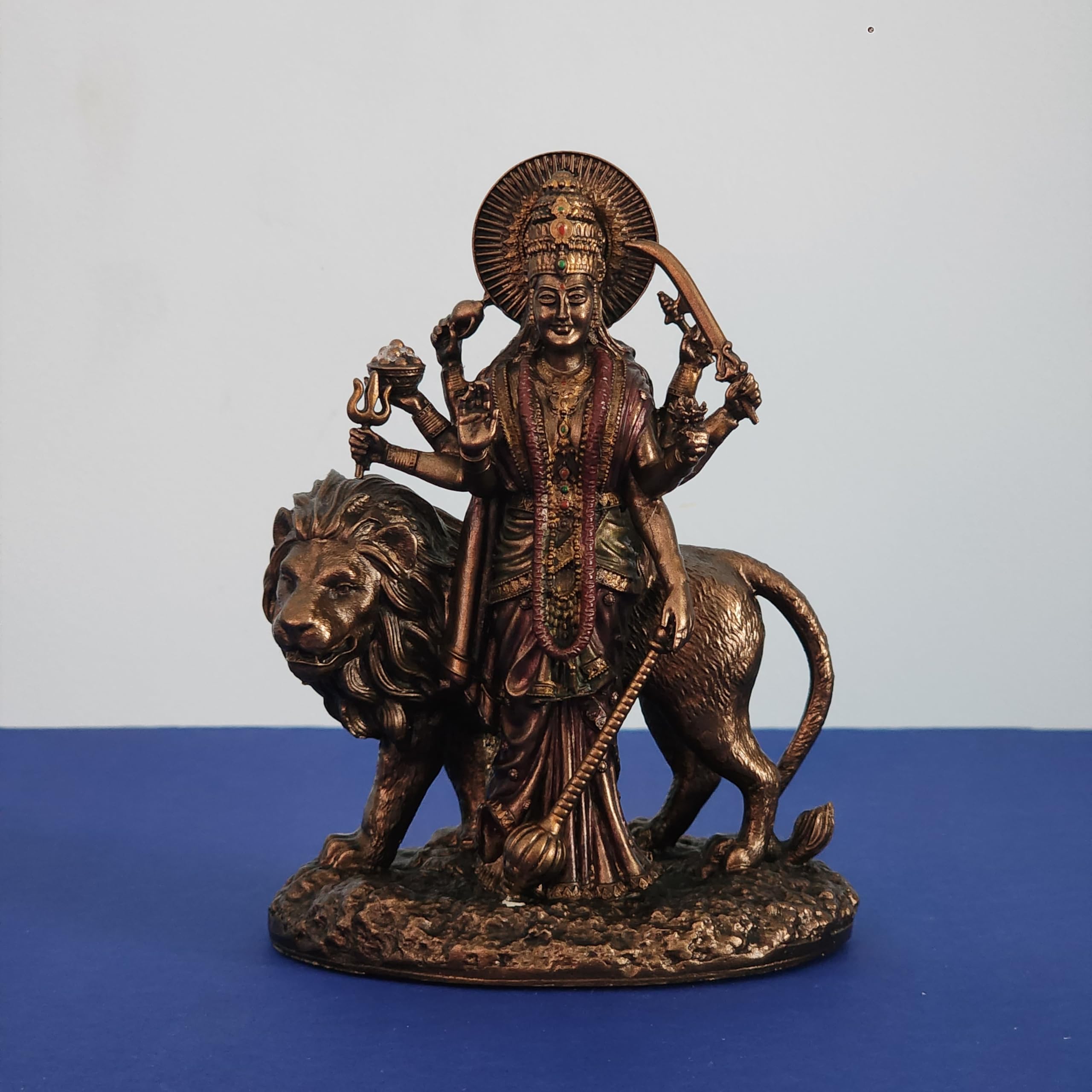 Goddess Durga Statue On Lion 6 Inch Bronze Finished Sherawali MATA Moorti for Small Temple