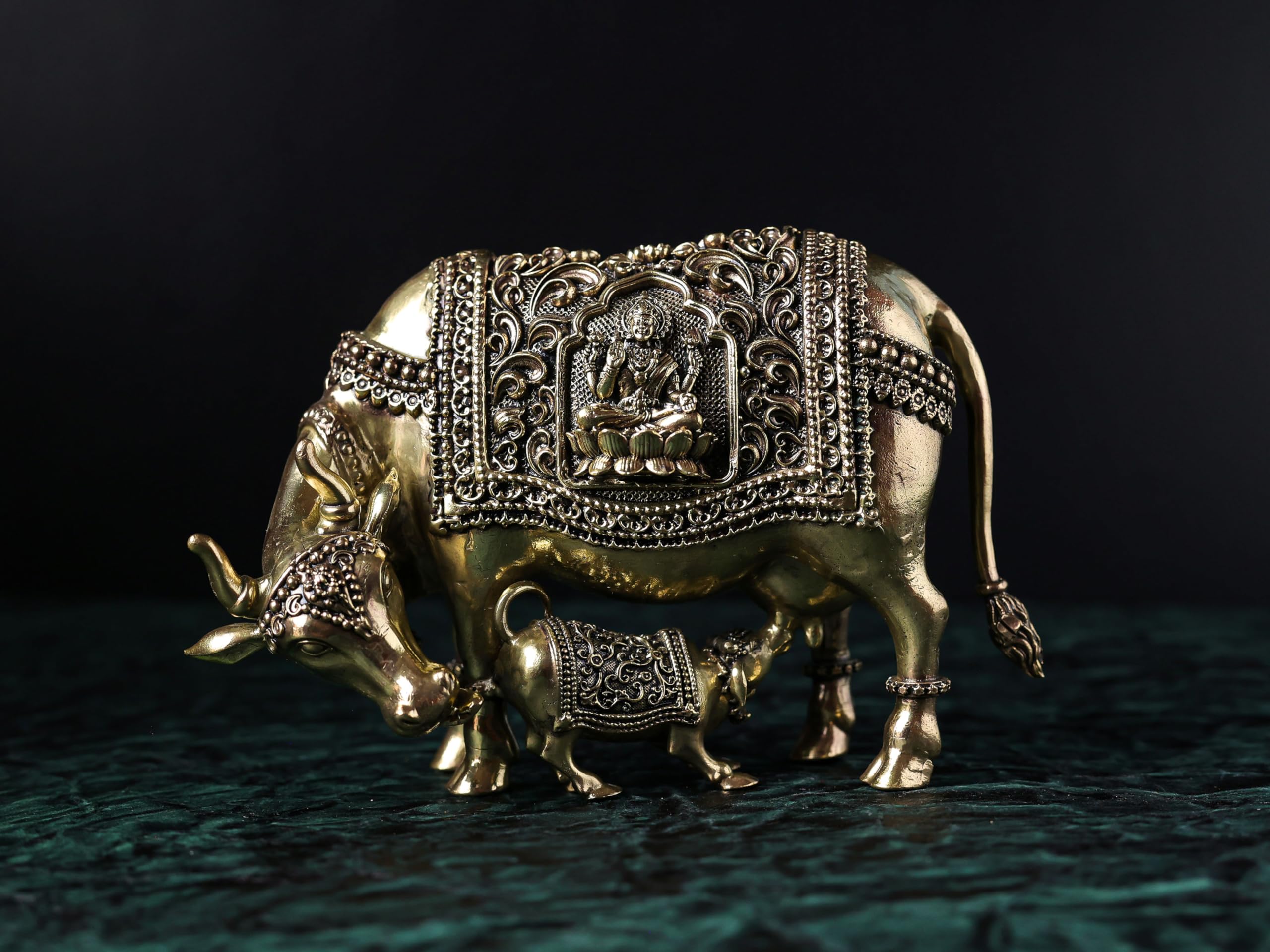 Premium Brass | Gou MATA Holy Cow Mother with Calf | Cow Decor Idol |LAXMI Ganesh Kamadhenu Idol with FINE Carving Work | 5 by 7 INCH