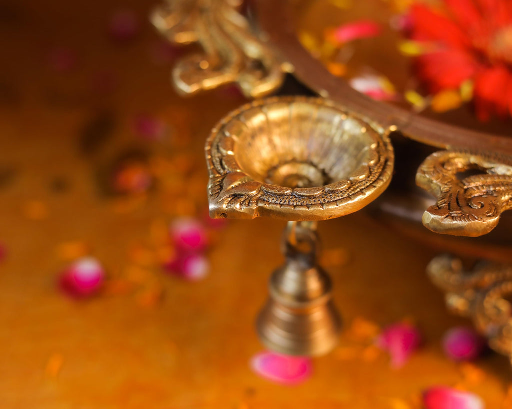Brass Peacock Urli | Traditional Bowl with Four Diya Holder | Diwali Decorations Pot |
