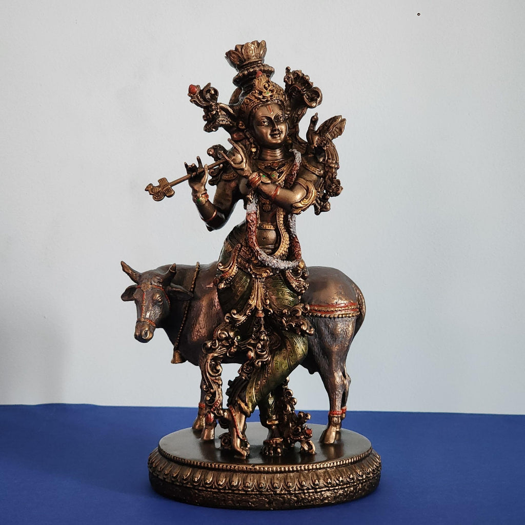 Bronze-Finished Krishna with Cow Statue