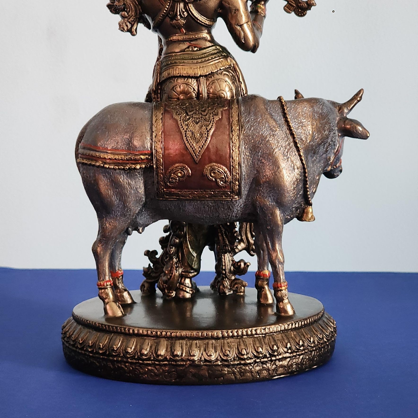 Bronze-Finished Krishna with Cow Statue