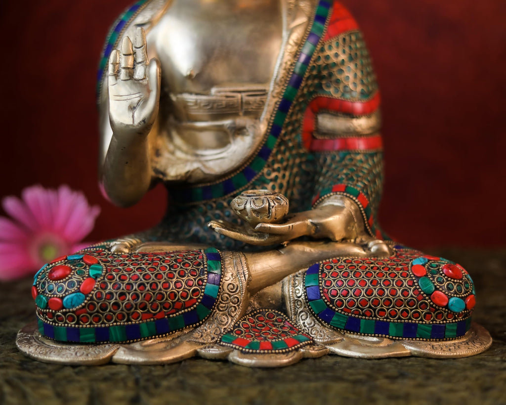 Brass Buddha Statue |14 Inch | Inlay Work | Meditation Gautam Budh Figurine | Decor Yoga Room