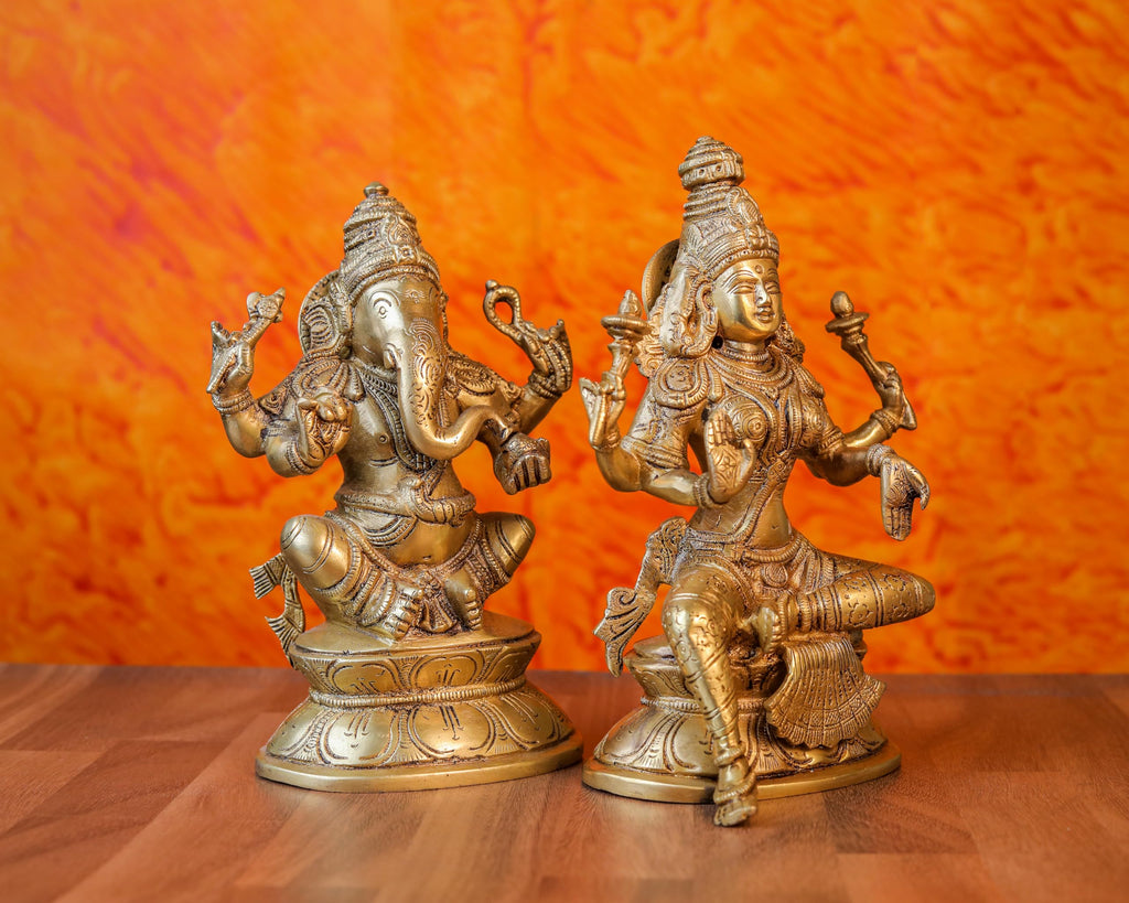 7 Inch Brass Lakshmi Ganesh Idol Medium Size