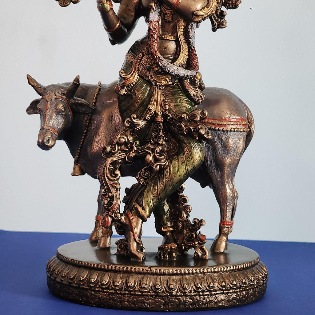 Bronze-Finished Krishna with Cow Statue