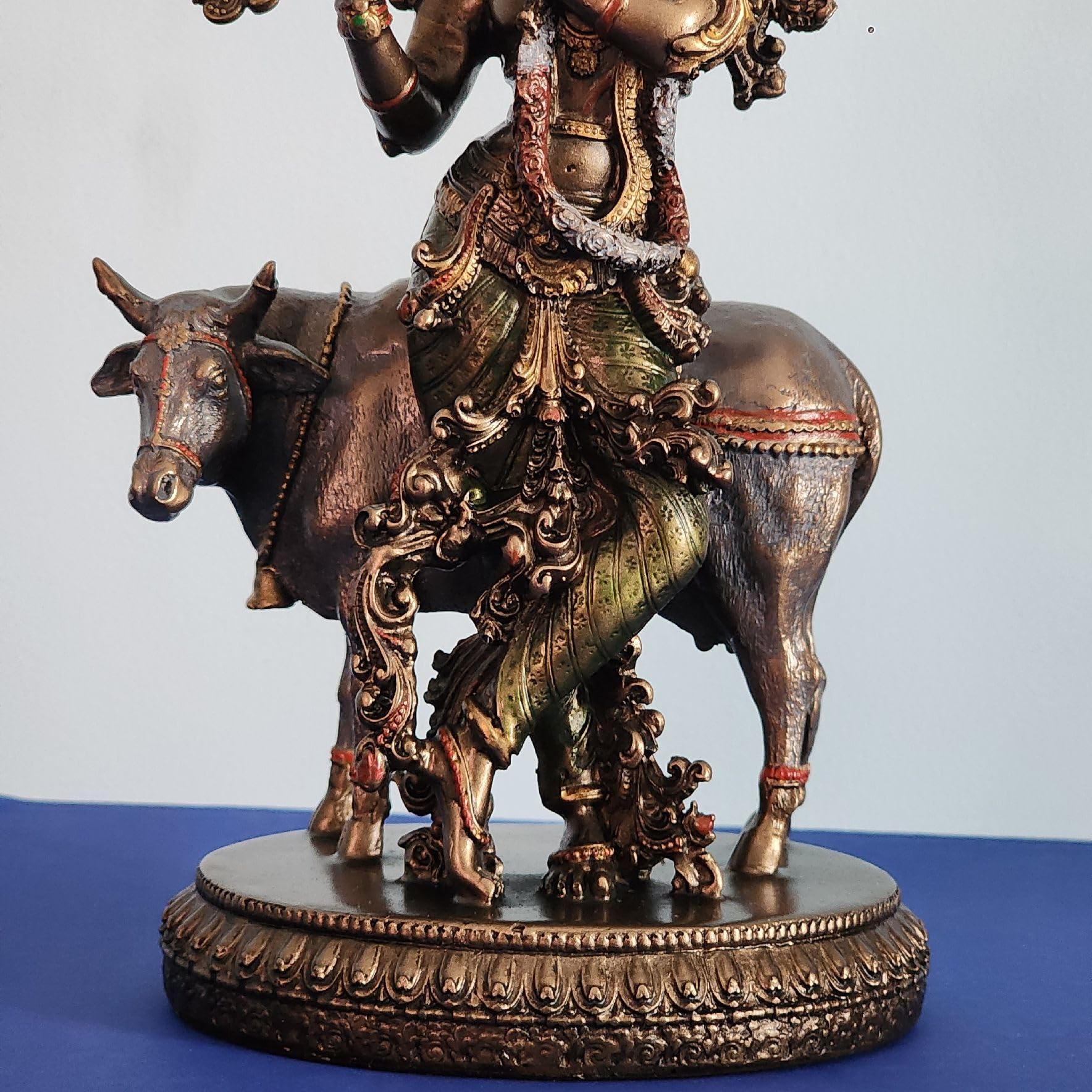 Bronze-Finished Krishna with Cow Statue