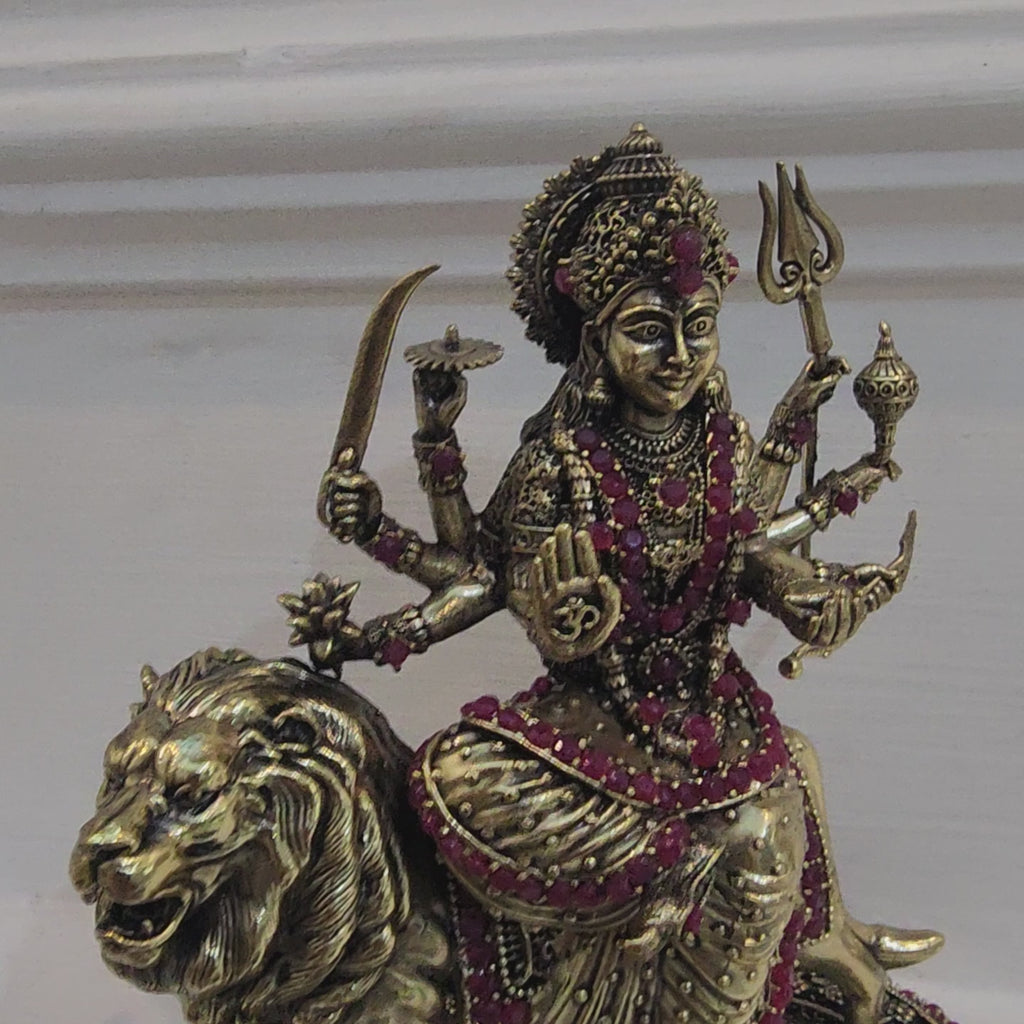 5.5 inch long Maa durga with stone work in premium brass,  weight 0.502 kg