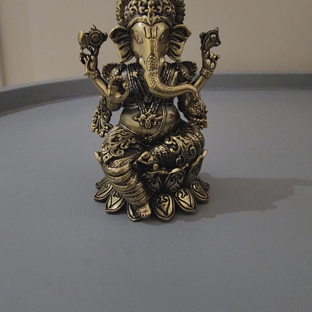 Brass Ganesh Statue sitting on lotus 4 inch [200gram]