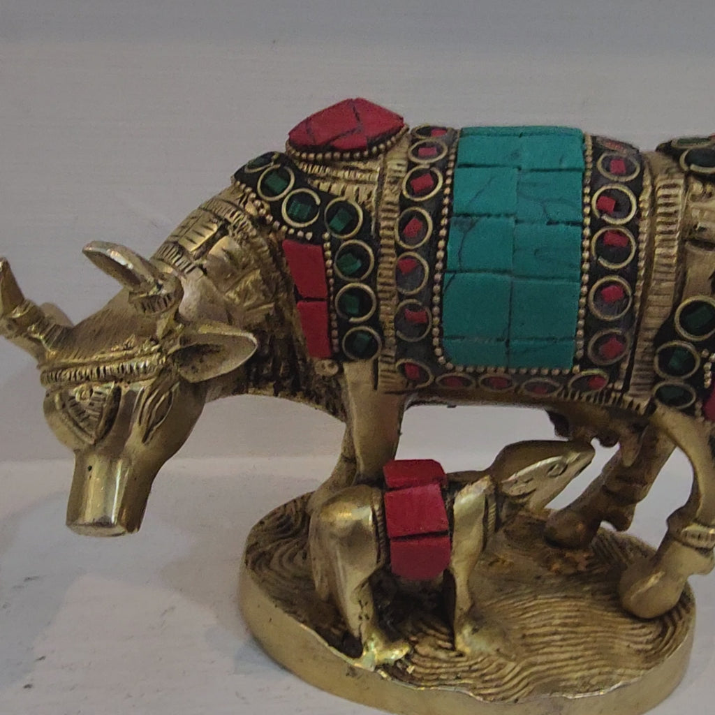 4 inch Brass Cow with calf statue with semi precious stone work