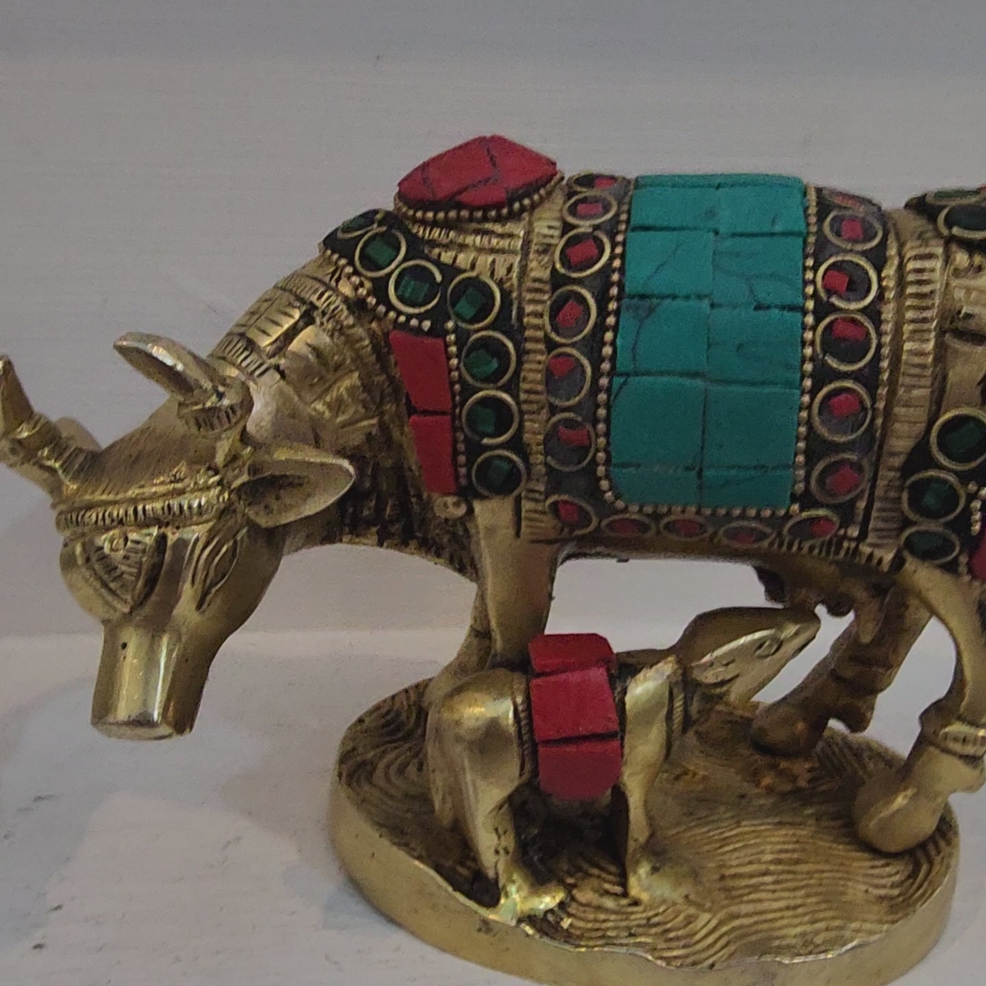 4 inch Brass Cow with calf statue with semi precious stone work