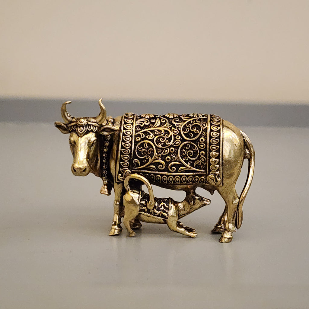 6.5 cm / 5 cm Kaamdhenu cow calf statue premium brass
