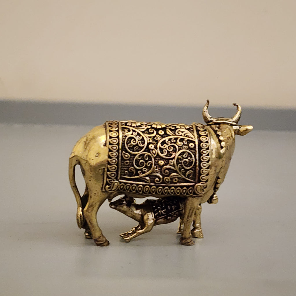 6.5 cm / 5 cm Kaamdhenu cow calf statue premium brass