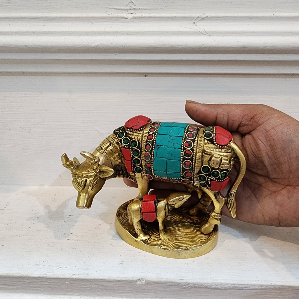4 inch Brass Cow with calf statue with semi precious stone work