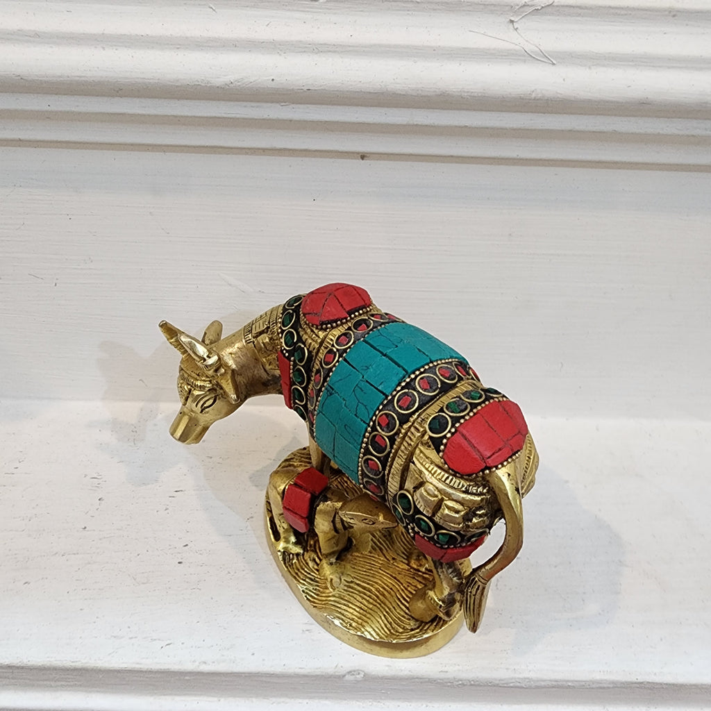 4 inch Brass Cow with calf statue with semi precious stone work